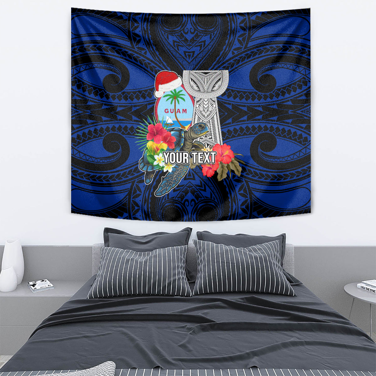 Custom Guam Christmas Tapestry Santa Gift Latte Stone and Sea Turle Mix Hibiscus Chamorro Blue Style LT03