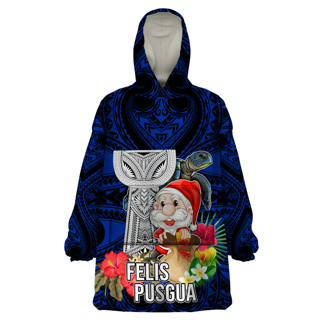 Custom Guam Christmas Wearable Blanket Hoodie Santa Gift Latte Stone and Sea Turle Mix Hibiscus Chamorro Blue Style LT03