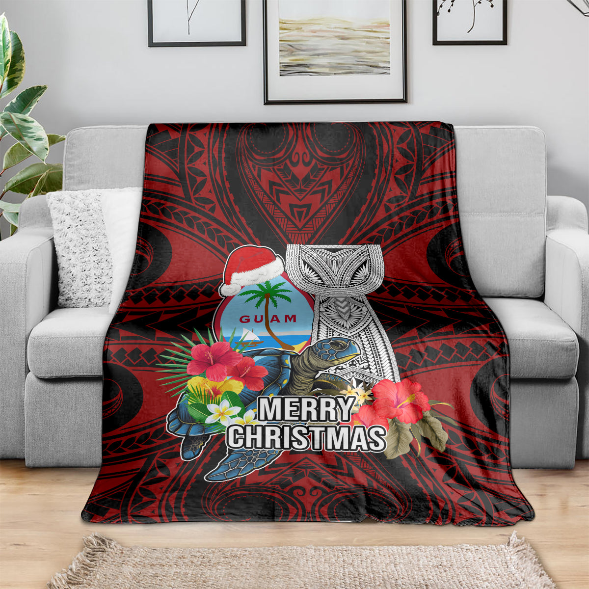 Guam Christmas Blanket Santa Gift Latte Stone and Sea Turle Mix Hibiscus Chamorro Red Style LT03
