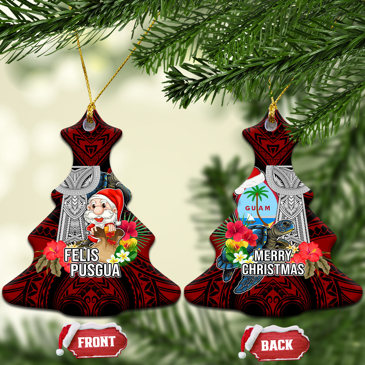 Guam Christmas Ceramic Ornament Santa Gift Latte Stone and Sea Turle Mix Hibiscus Chamorro Red Style LT03