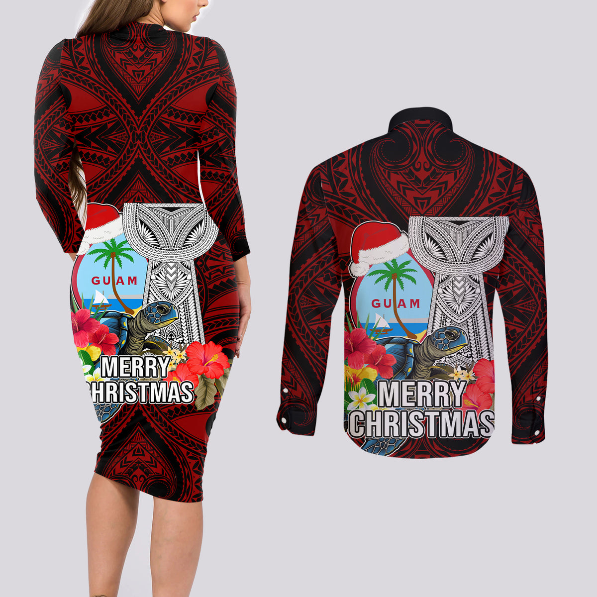 Guam Christmas Couples Matching Long Sleeve Bodycon Dress and Long Sleeve Button Shirt Santa Gift Latte Stone and Sea Turle Mix Hibiscus Chamorro Red Style LT03