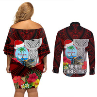 Guam Christmas Couples Matching Off Shoulder Short Dress and Long Sleeve Button Shirt Santa Gift Latte Stone and Sea Turle Mix Hibiscus Chamorro Red Style LT03