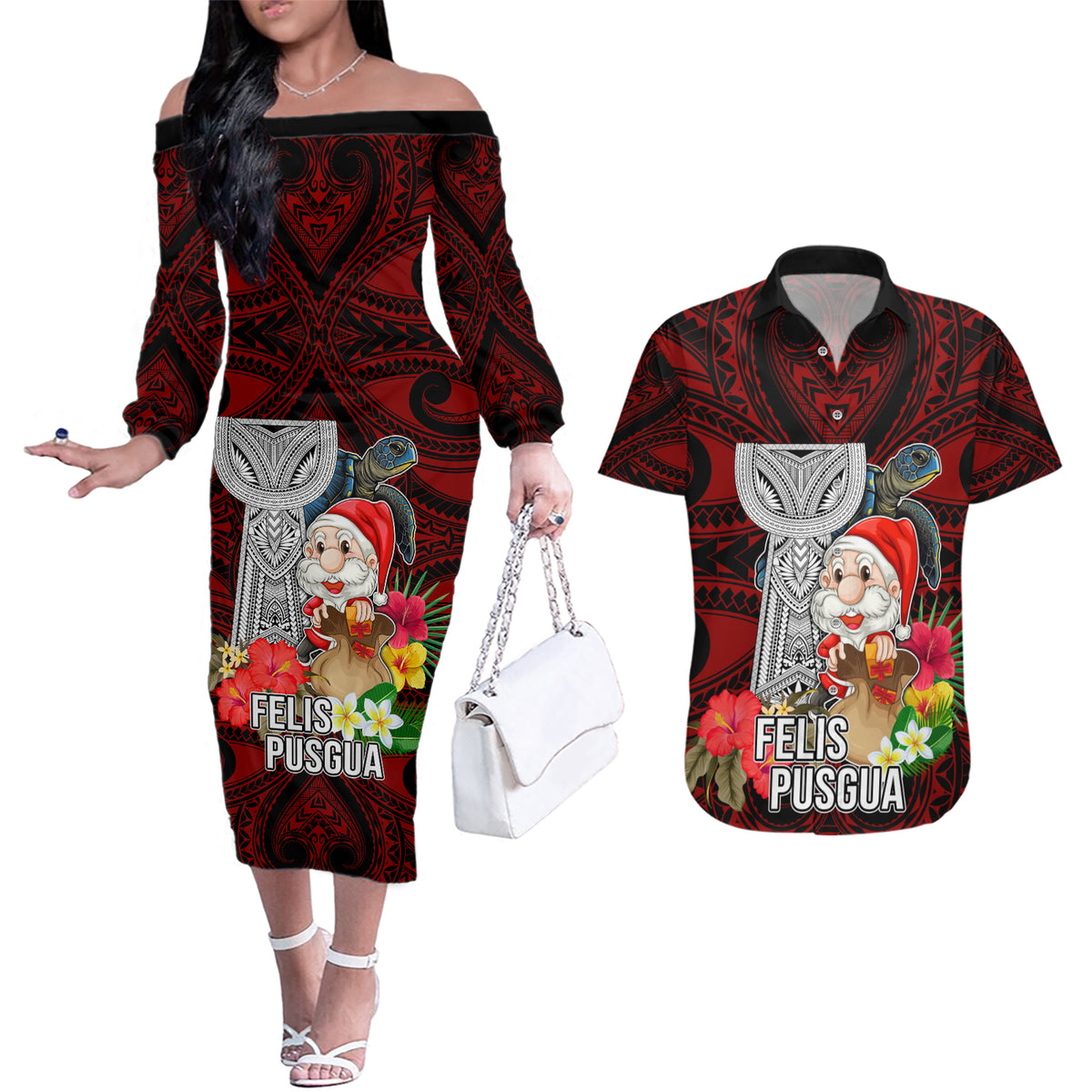 Guam Christmas Couples Matching Off The Shoulder Long Sleeve Dress and Hawaiian Shirt Santa Gift Latte Stone and Sea Turle Mix Hibiscus Chamorro Red Style LT03