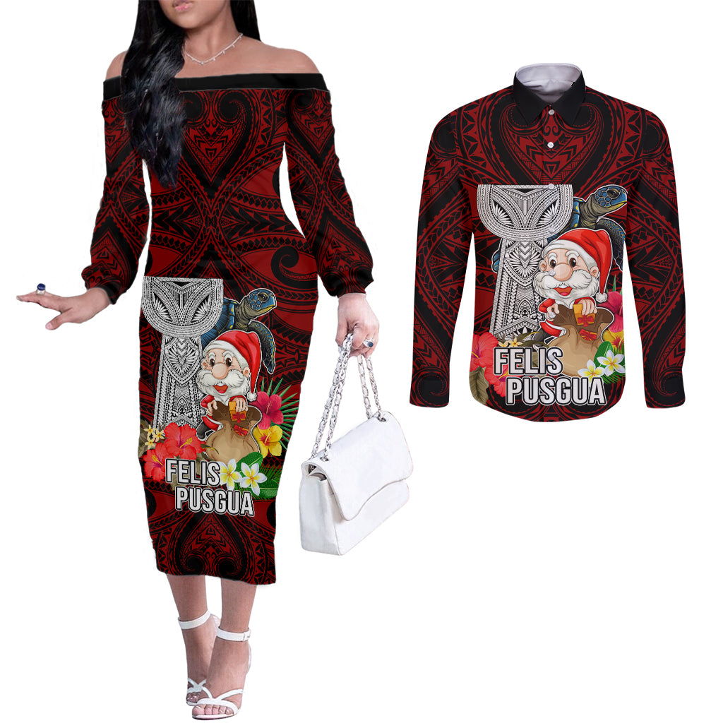 Guam Christmas Couples Matching Off The Shoulder Long Sleeve Dress and Long Sleeve Button Shirt Santa Gift Latte Stone and Sea Turle Mix Hibiscus Chamorro Red Style LT03