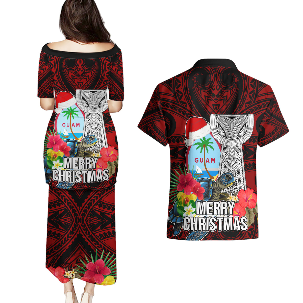 Guam Christmas Couples Matching Puletasi Dress and Hawaiian Shirt Santa Gift Latte Stone and Sea Turle Mix Hibiscus Chamorro Red Style LT03