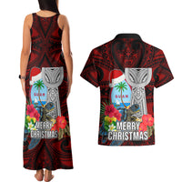 Guam Christmas Couples Matching Tank Maxi Dress and Hawaiian Shirt Santa Gift Latte Stone and Sea Turle Mix Hibiscus Chamorro Red Style LT03
