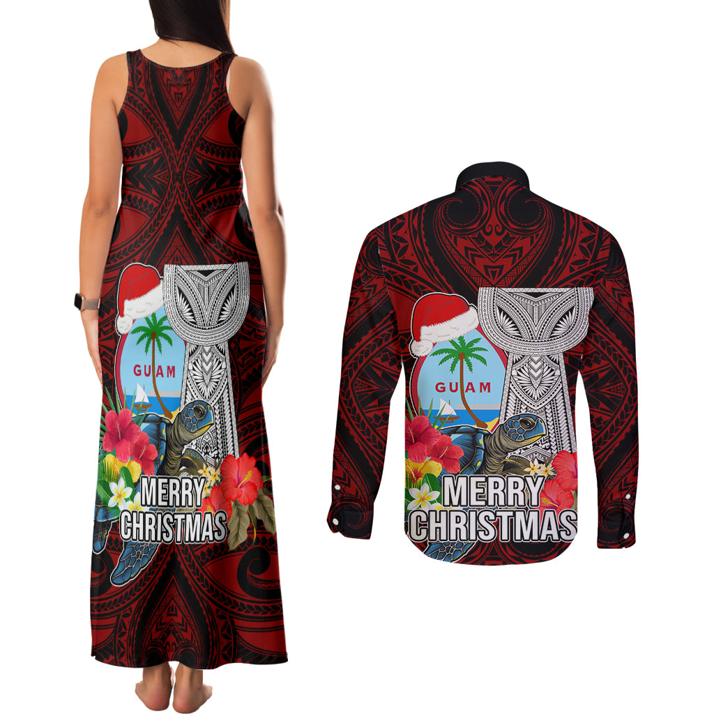 Guam Christmas Couples Matching Tank Maxi Dress and Long Sleeve Button Shirt Santa Gift Latte Stone and Sea Turle Mix Hibiscus Chamorro Red Style LT03