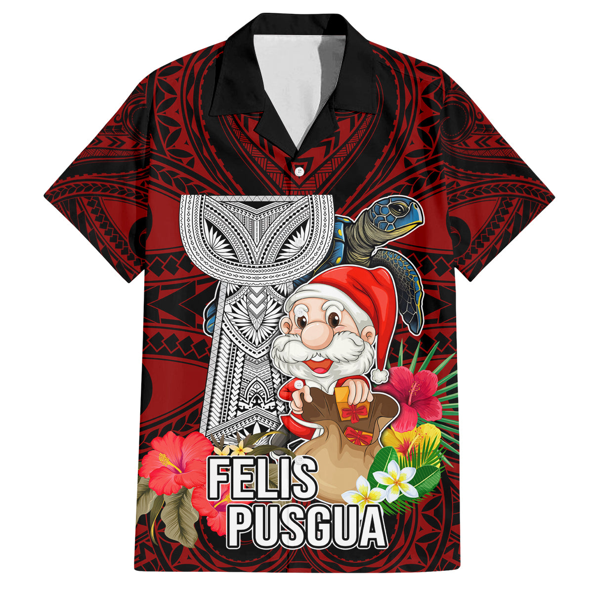 Guam Christmas Family Matching Off Shoulder Long Sleeve Dress and Hawaiian Shirt Santa Gift Latte Stone and Sea Turle Mix Hibiscus Chamorro Red Style LT03