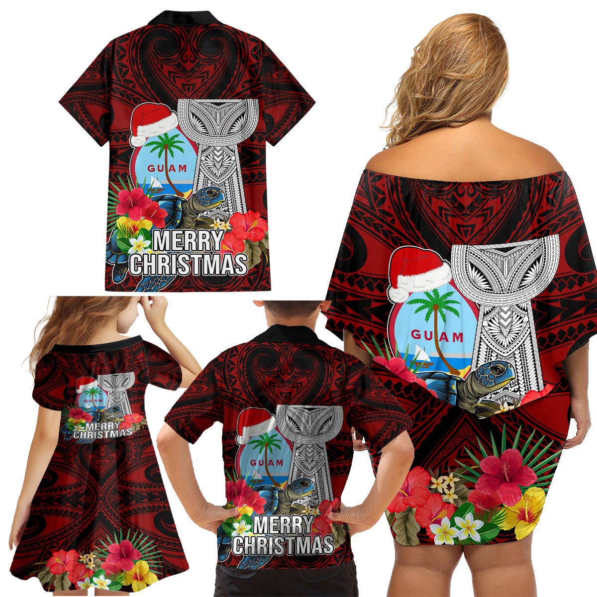 Guam Christmas Family Matching Off Shoulder Short Dress and Hawaiian Shirt Santa Gift Latte Stone and Sea Turle Mix Hibiscus Chamorro Red Style LT03