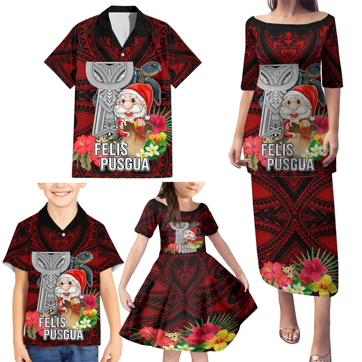 Guam Christmas Family Matching Puletasi Dress and Hawaiian Shirt Santa Gift Latte Stone and Sea Turle Mix Hibiscus Chamorro Red Style LT03