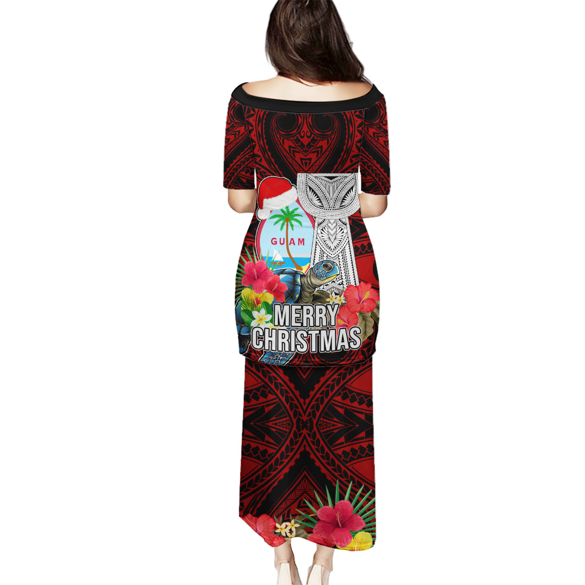 Guam Christmas Family Matching Puletasi Dress and Hawaiian Shirt Santa Gift Latte Stone and Sea Turle Mix Hibiscus Chamorro Red Style LT03