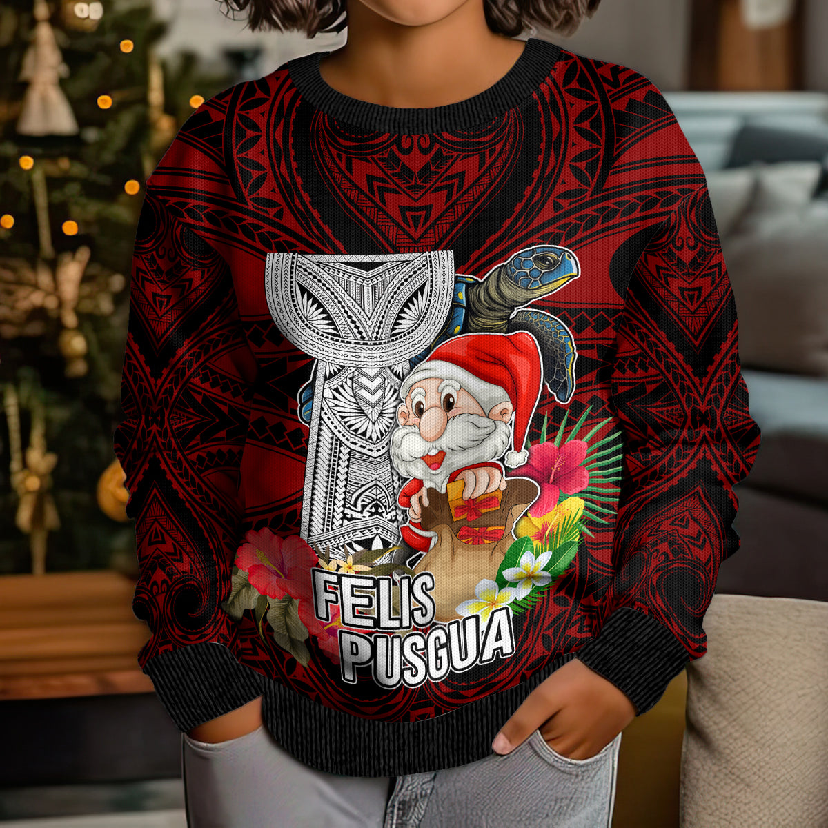 Guam Christmas Kid Ugly Christmas Sweater Santa Gift Latte Stone and Sea Turle Mix Hibiscus Chamorro Red Style LT03