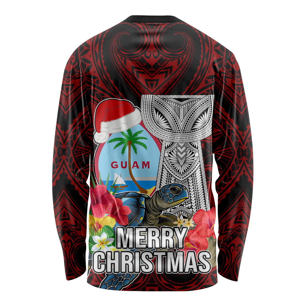 Guam Christmas Long Sleeve Shirt Santa Gift Latte Stone and Sea Turle Mix Hibiscus Chamorro Red Style LT03