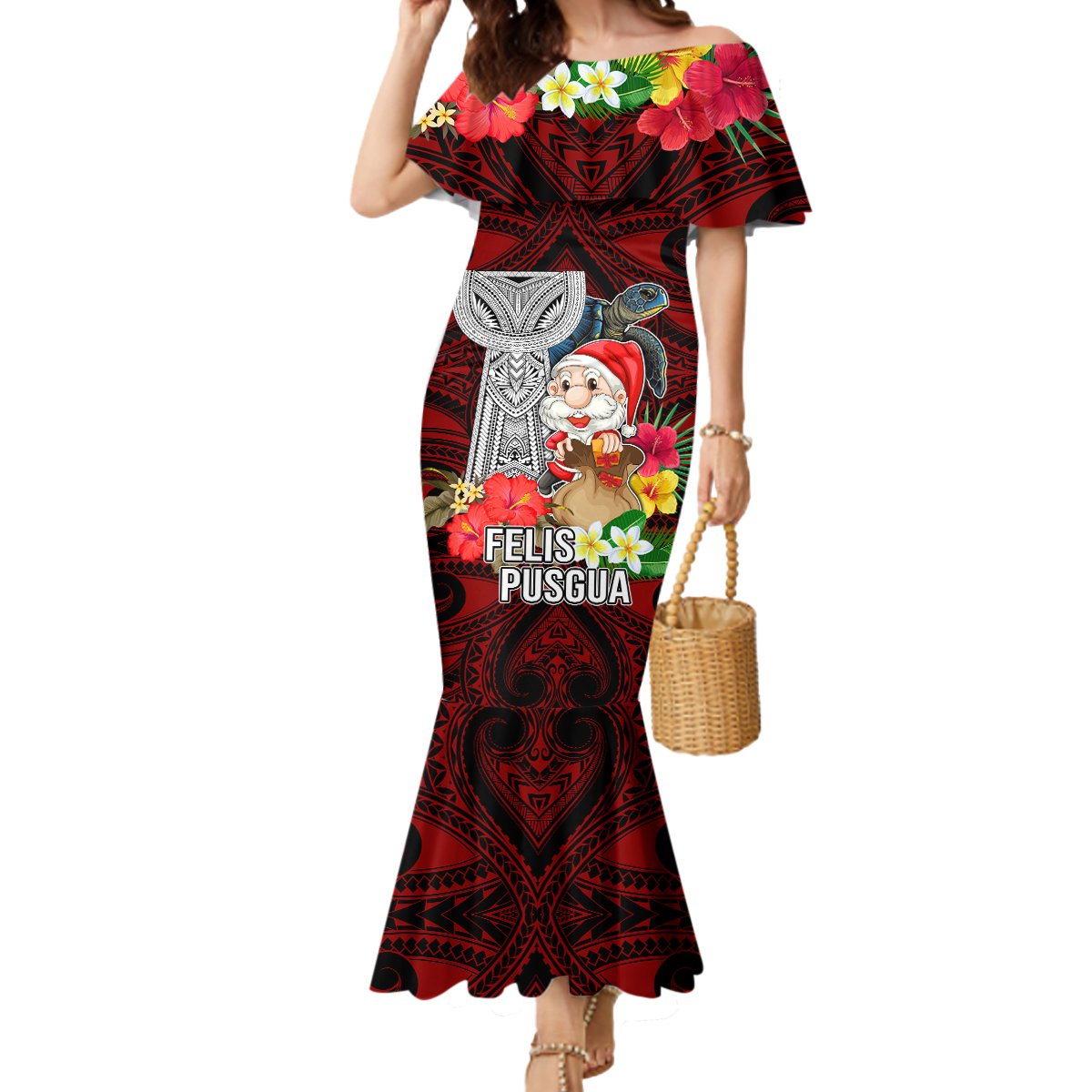 Guam Christmas Mermaid Dress Santa Gift Latte Stone and Sea Turle Mix Hibiscus Chamorro Red Style LT03 Women Red - Polynesian Pride