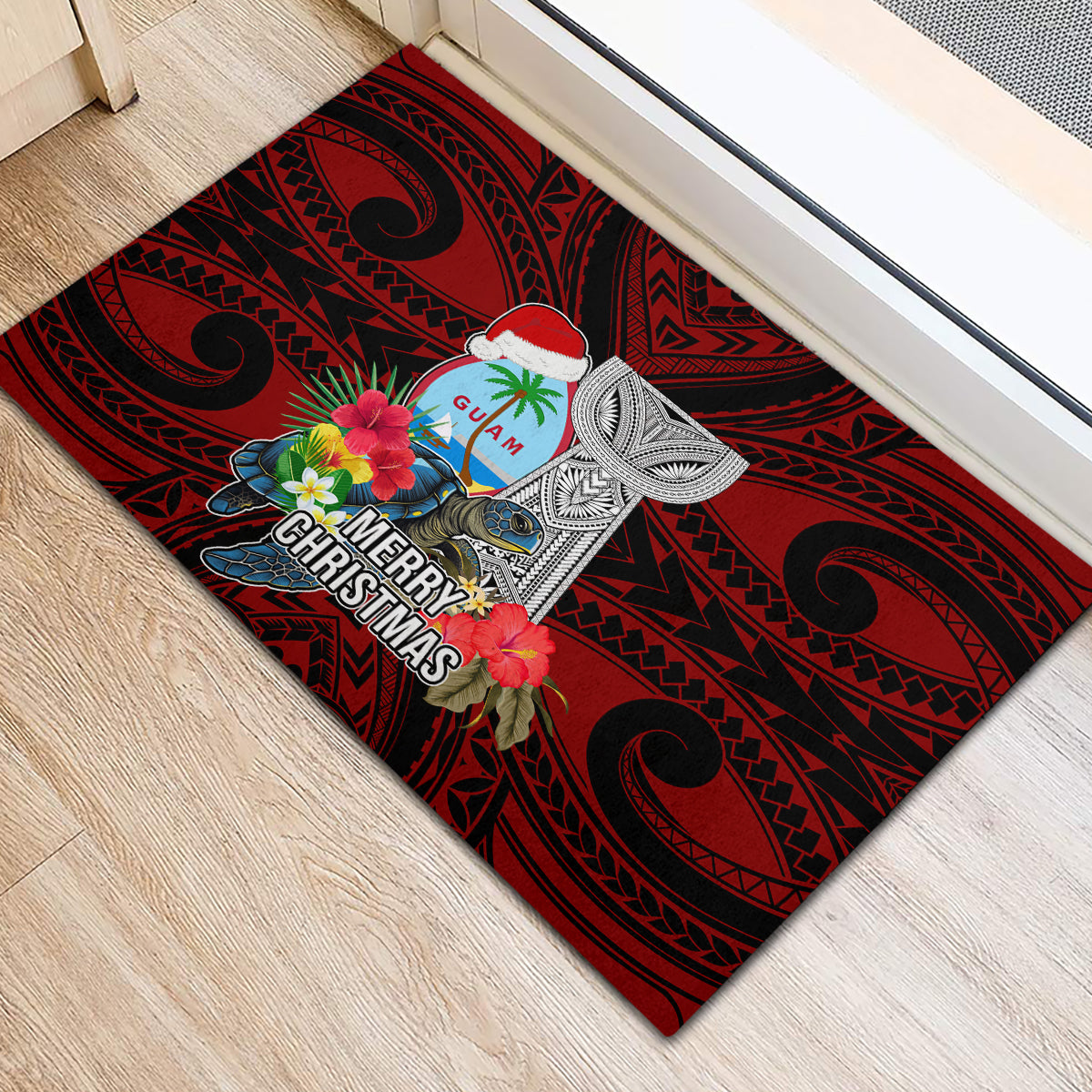Guam Christmas Rubber Doormat Santa Gift Latte Stone and Sea Turle Mix Hibiscus Chamorro Red Style LT03