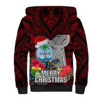 Guam Christmas Sherpa Hoodie Santa Gift Latte Stone and Sea Turle Mix Hibiscus Chamorro Red Style LT03