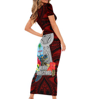 Guam Christmas Short Sleeve Bodycon Dress Santa Gift Latte Stone and Sea Turle Mix Hibiscus Chamorro Red Style LT03