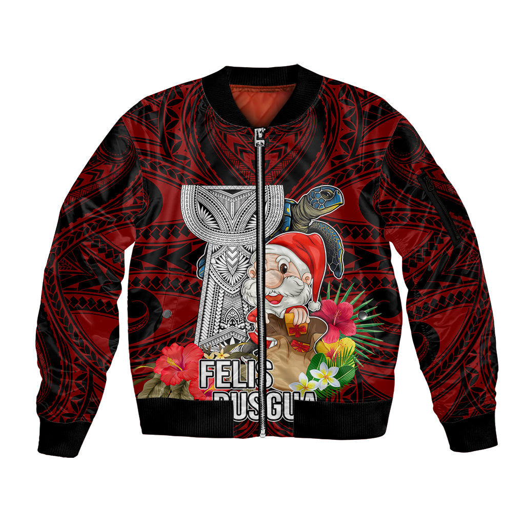 Guam Christmas Sleeve Zip Bomber Jacket Santa Gift Latte Stone and Sea Turle Mix Hibiscus Chamorro Red Style LT03