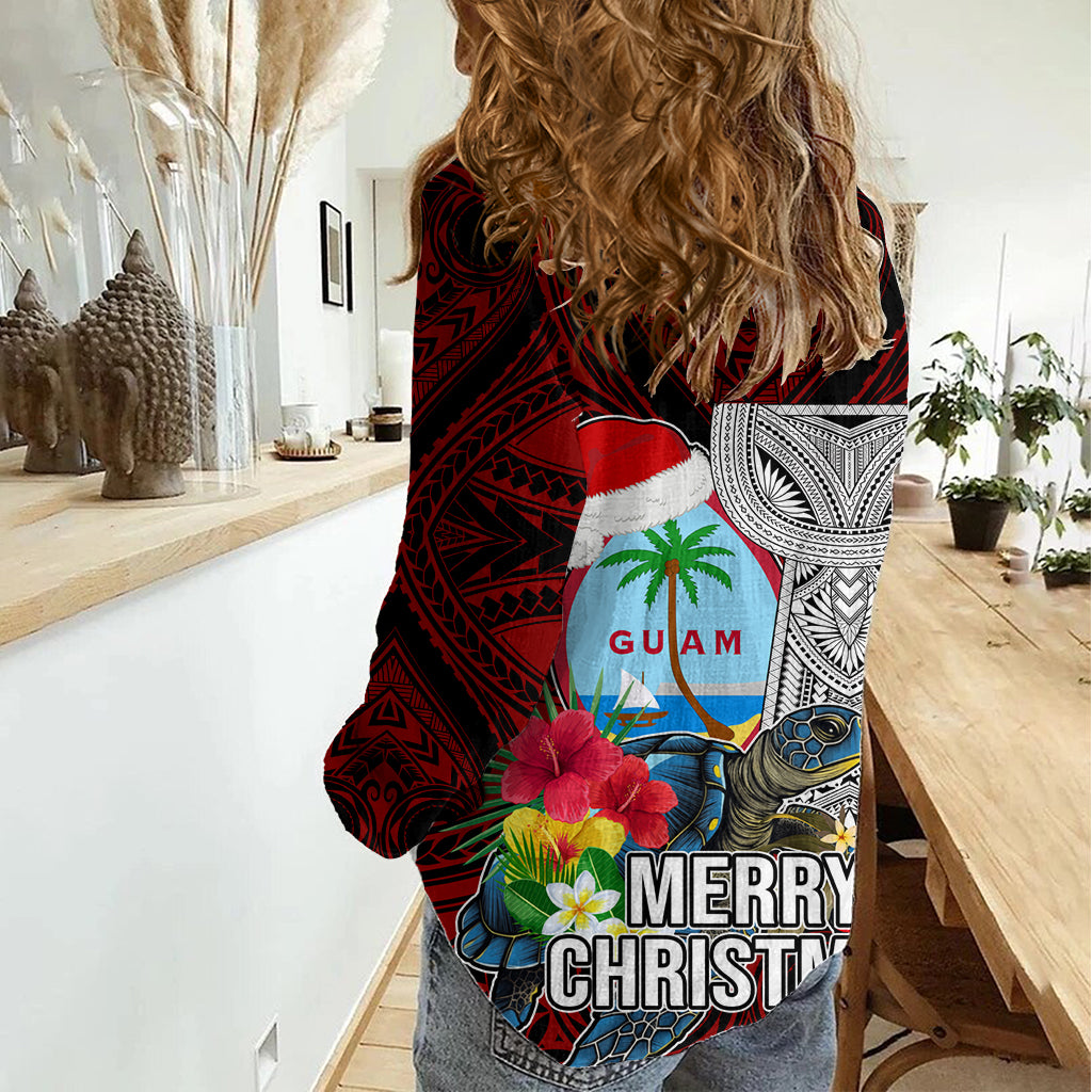Guam Christmas Women Casual Shirt Santa Gift Latte Stone and Sea Turle Mix Hibiscus Chamorro Red Style LT03