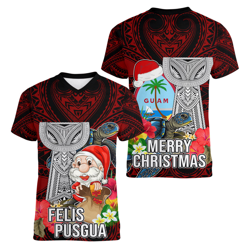 Guam Christmas Women V Neck T Shirt Santa Gift Latte Stone and Sea Turle Mix Hibiscus Chamorro Red Style LT03