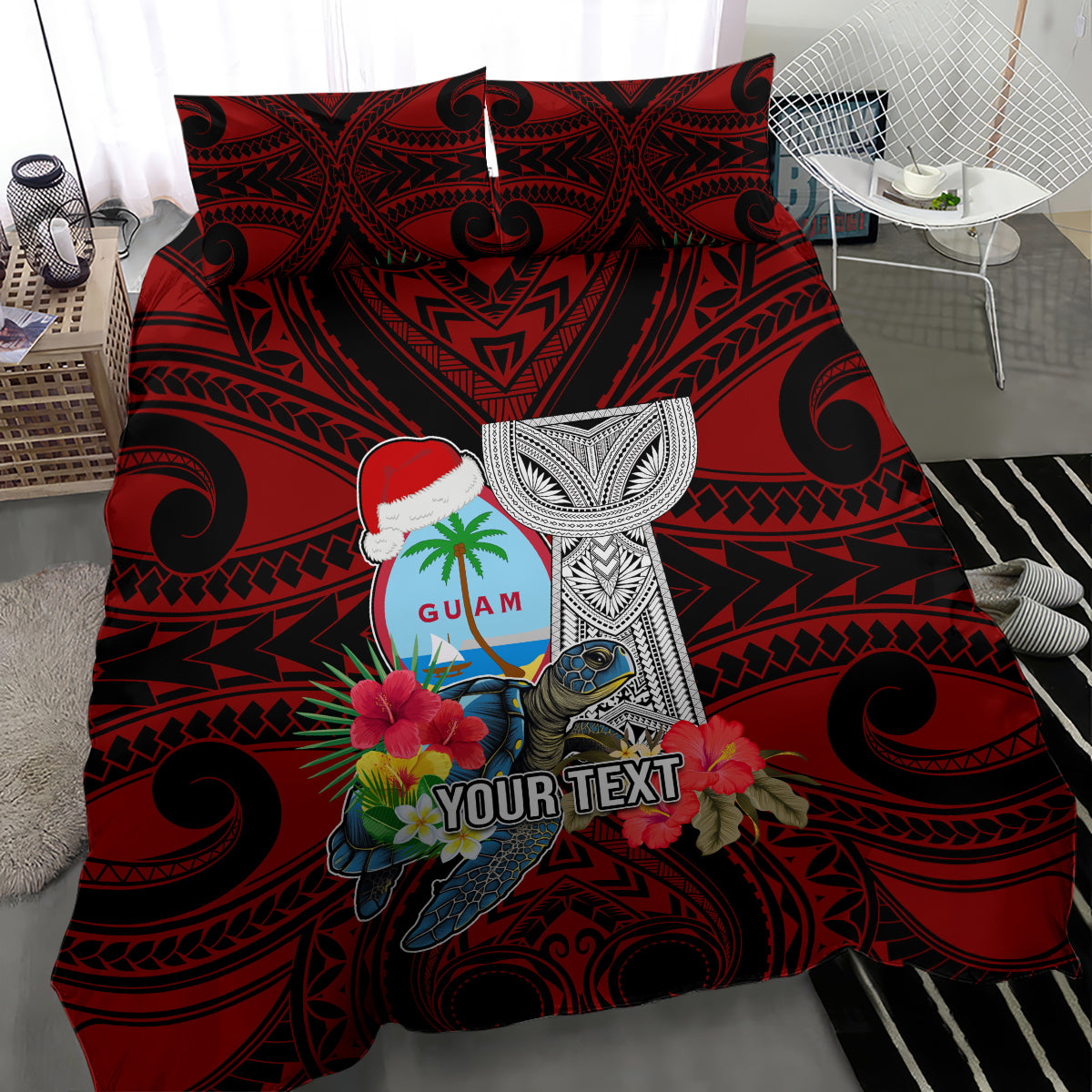 Custom Guam Christmas Bedding Set Santa Gift Latte Stone and Sea Turle Mix Hibiscus Chamorro Red Style LT03