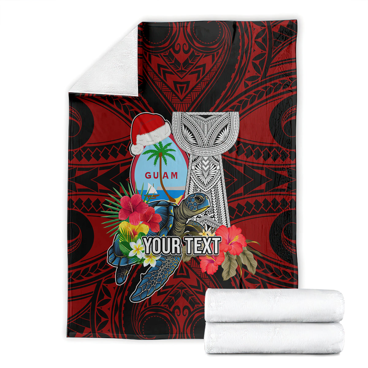 Custom Guam Christmas Blanket Santa Gift Latte Stone and Sea Turle Mix Hibiscus Chamorro Red Style LT03