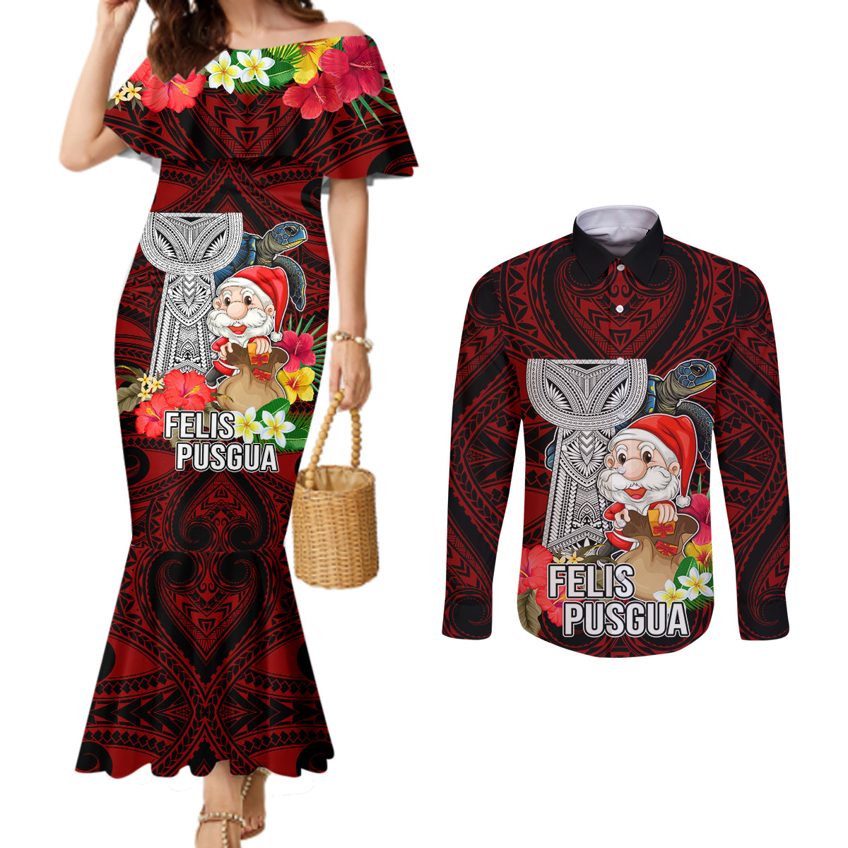 Custom Guam Christmas Couples Matching Mermaid Dress and Long Sleeve Button Shirt Santa Gift Latte Stone and Sea Turle Mix Hibiscus Chamorro Red Style LT03