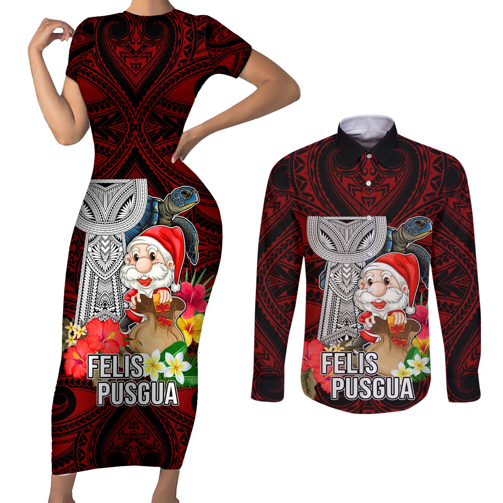 Custom Guam Christmas Couples Matching Short Sleeve Bodycon Dress and Long Sleeve Button Shirt Santa Gift Latte Stone and Sea Turle Mix Hibiscus Chamorro Red Style LT03