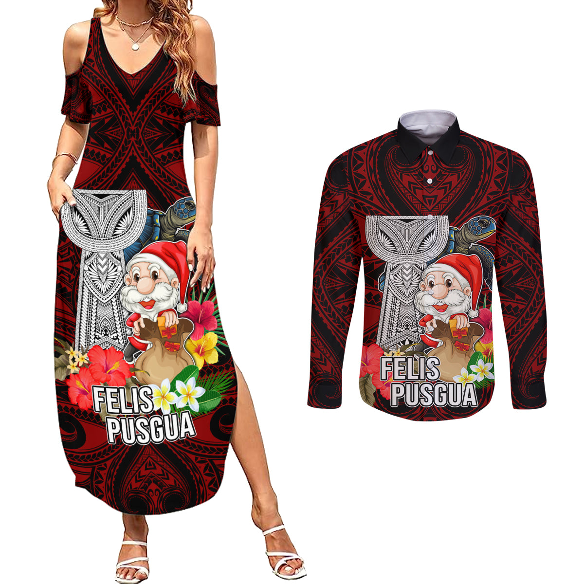 Custom Guam Christmas Couples Matching Summer Maxi Dress and Long Sleeve Button Shirt Santa Gift Latte Stone and Sea Turle Mix Hibiscus Chamorro Red Style LT03