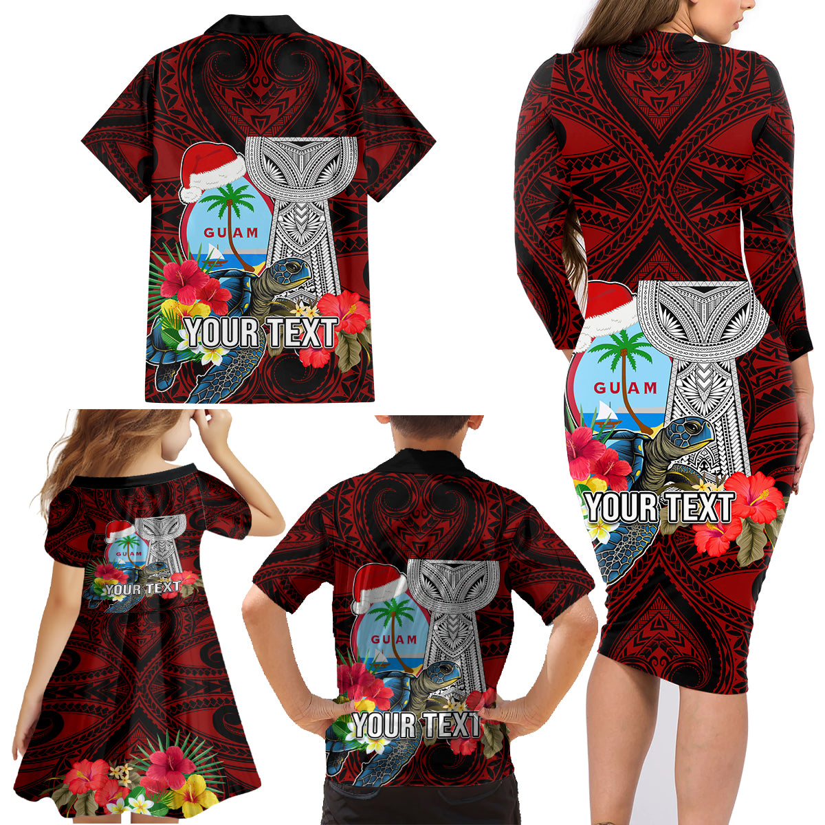 Custom Guam Christmas Family Matching Long Sleeve Bodycon Dress and Hawaiian Shirt Santa Gift Latte Stone and Sea Turle Mix Hibiscus Chamorro Red Style LT03