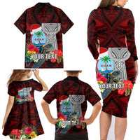 Custom Guam Christmas Family Matching Long Sleeve Bodycon Dress and Hawaiian Shirt Santa Gift Latte Stone and Sea Turle Mix Hibiscus Chamorro Red Style LT03