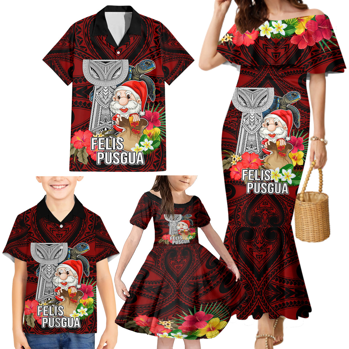 Custom Guam Christmas Family Matching Mermaid Dress and Hawaiian Shirt Santa Gift Latte Stone and Sea Turle Mix Hibiscus Chamorro Red Style LT03