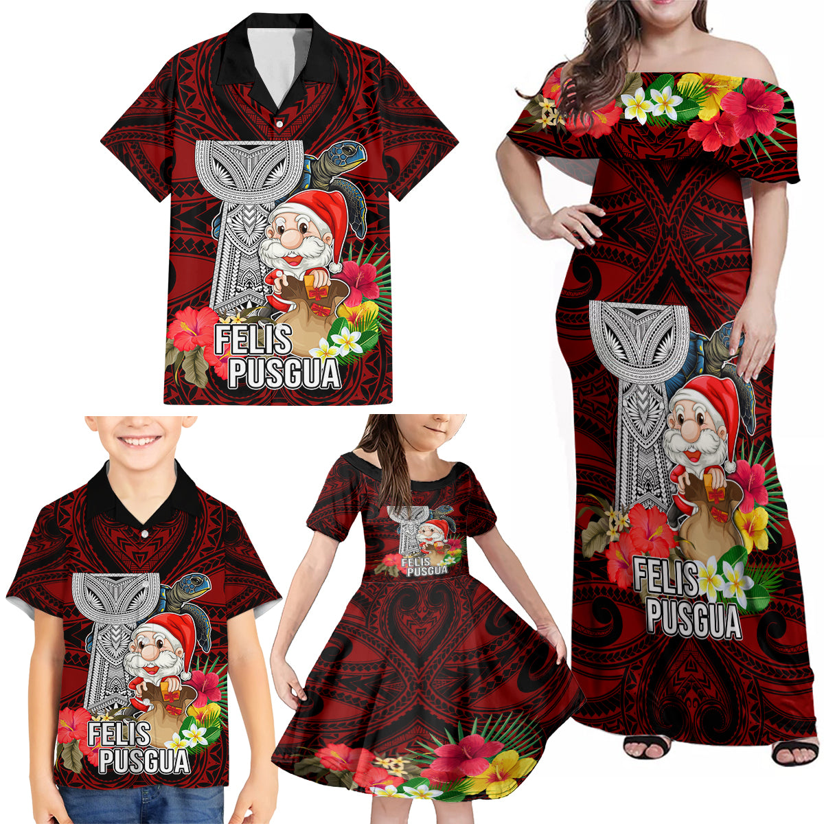 Custom Guam Christmas Family Matching Off Shoulder Maxi Dress and Hawaiian Shirt Santa Gift Latte Stone and Sea Turle Mix Hibiscus Chamorro Red Style LT03