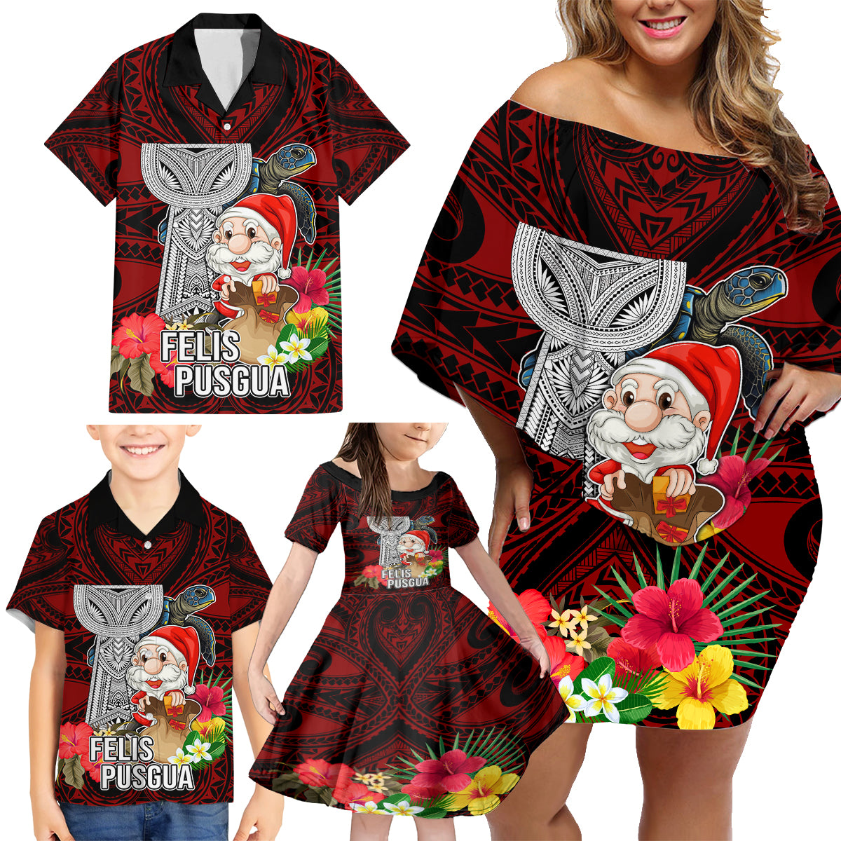 Custom Guam Christmas Family Matching Off Shoulder Short Dress and Hawaiian Shirt Santa Gift Latte Stone and Sea Turle Mix Hibiscus Chamorro Red Style LT03