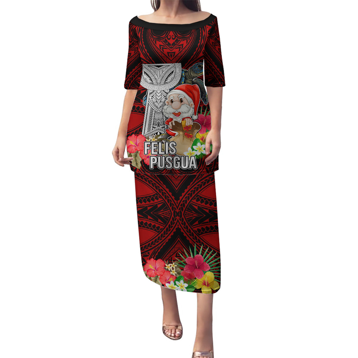 Custom Guam Christmas Family Matching Puletasi Dress and Hawaiian Shirt Santa Gift Latte Stone and Sea Turle Mix Hibiscus Chamorro Red Style LT03