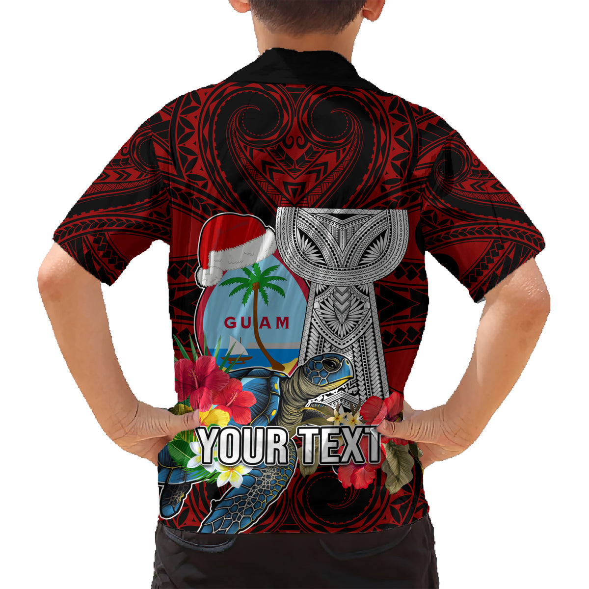 Custom Guam Christmas Hawaiian Shirt Santa Gift Latte Stone and Sea Turle Mix Hibiscus Chamorro Red Style LT03