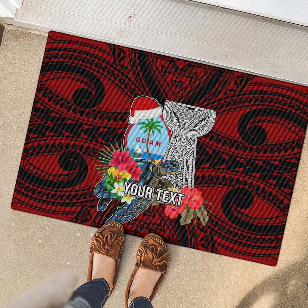 Custom Guam Christmas Rubber Doormat Santa Gift Latte Stone and Sea Turle Mix Hibiscus Chamorro Red Style LT03