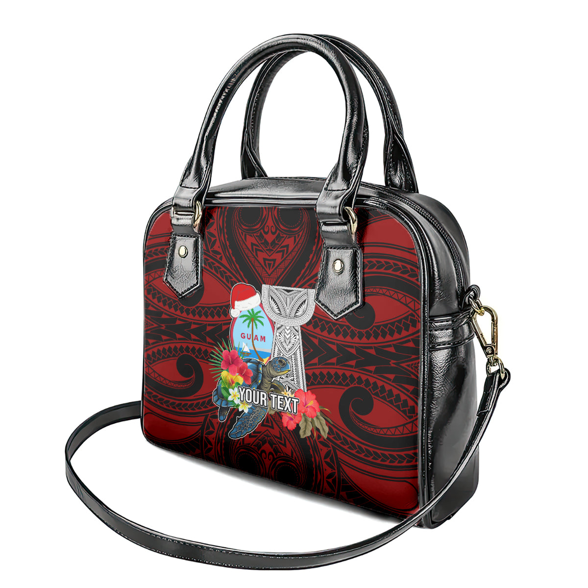 Custom Guam Christmas Shoulder Handbag Santa Gift Latte Stone and Sea Turle Mix Hibiscus Chamorro Red Style LT03