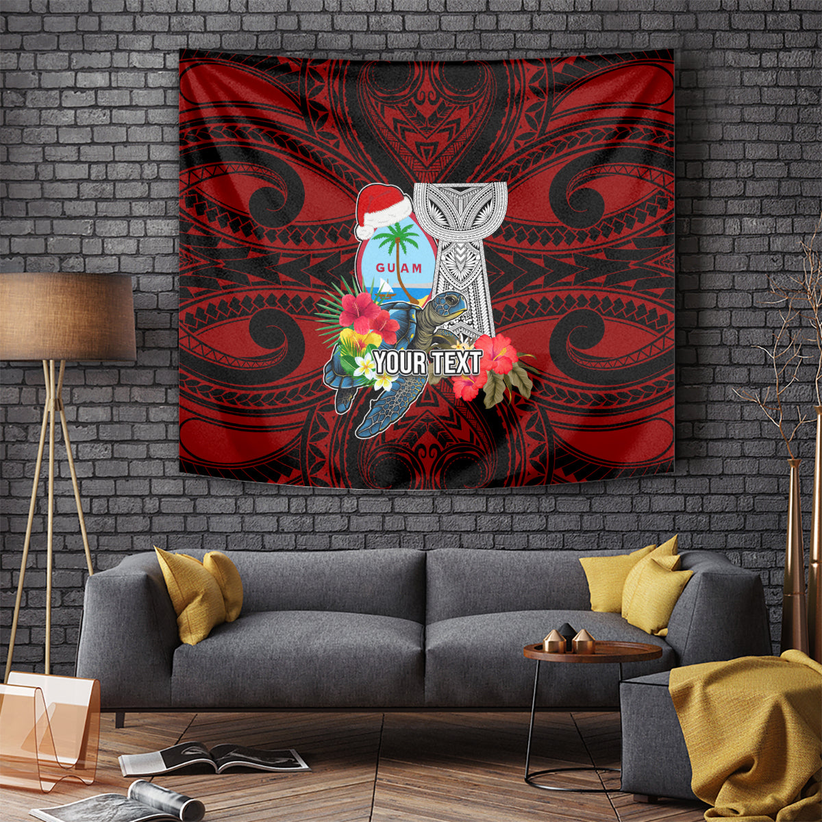 Custom Guam Christmas Tapestry Santa Gift Latte Stone and Sea Turle Mix Hibiscus Chamorro Red Style LT03