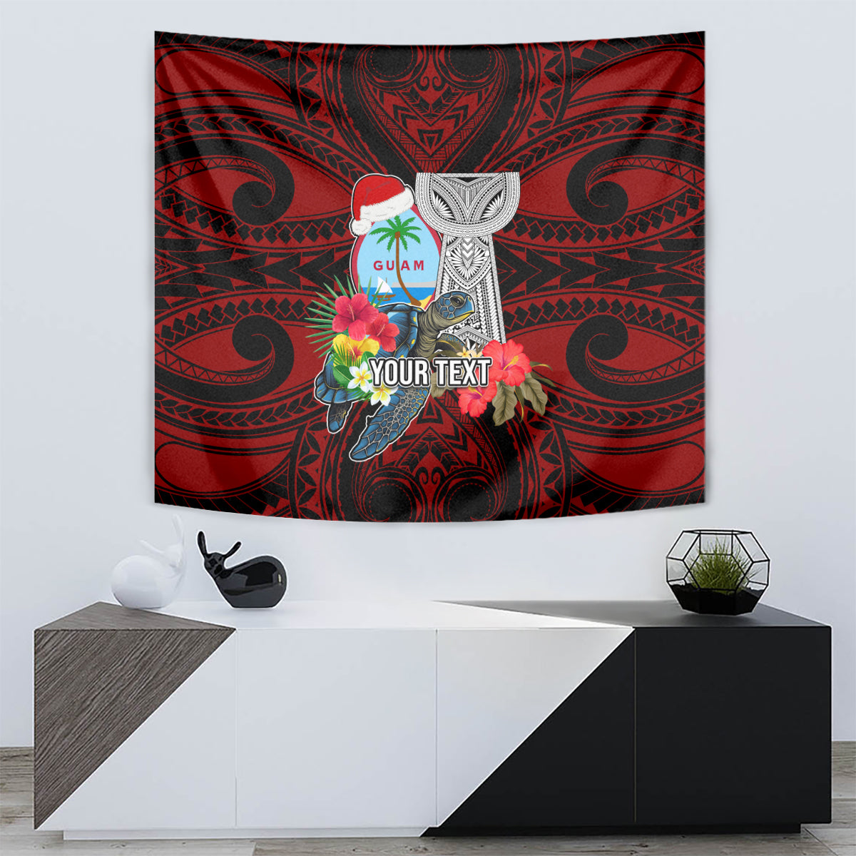 Custom Guam Christmas Tapestry Santa Gift Latte Stone and Sea Turle Mix Hibiscus Chamorro Red Style LT03