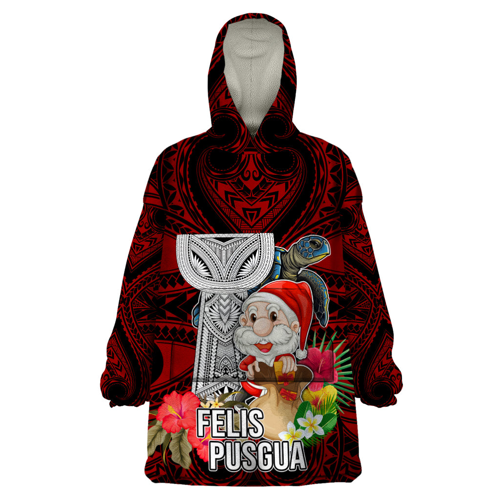 Custom Guam Christmas Wearable Blanket Hoodie Santa Gift Latte Stone and Sea Turle Mix Hibiscus Chamorro Red Style LT03