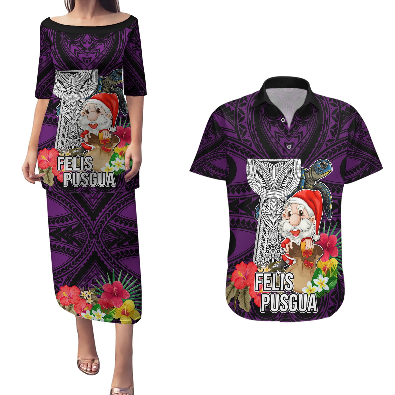 Guam Christmas Couples Matching Puletasi Dress and Hawaiian Shirt Santa Gift Latte Stone and Sea Turle Mix Hibiscus Chamorro Pink Style LT03