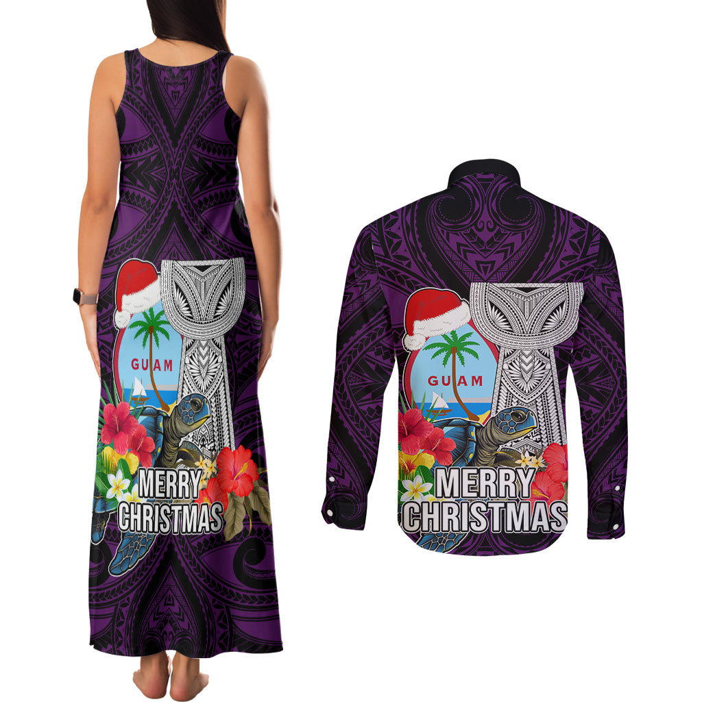 Guam Christmas Couples Matching Tank Maxi Dress and Long Sleeve Button Shirt Santa Gift Latte Stone and Sea Turle Mix Hibiscus Chamorro Pink Style LT03