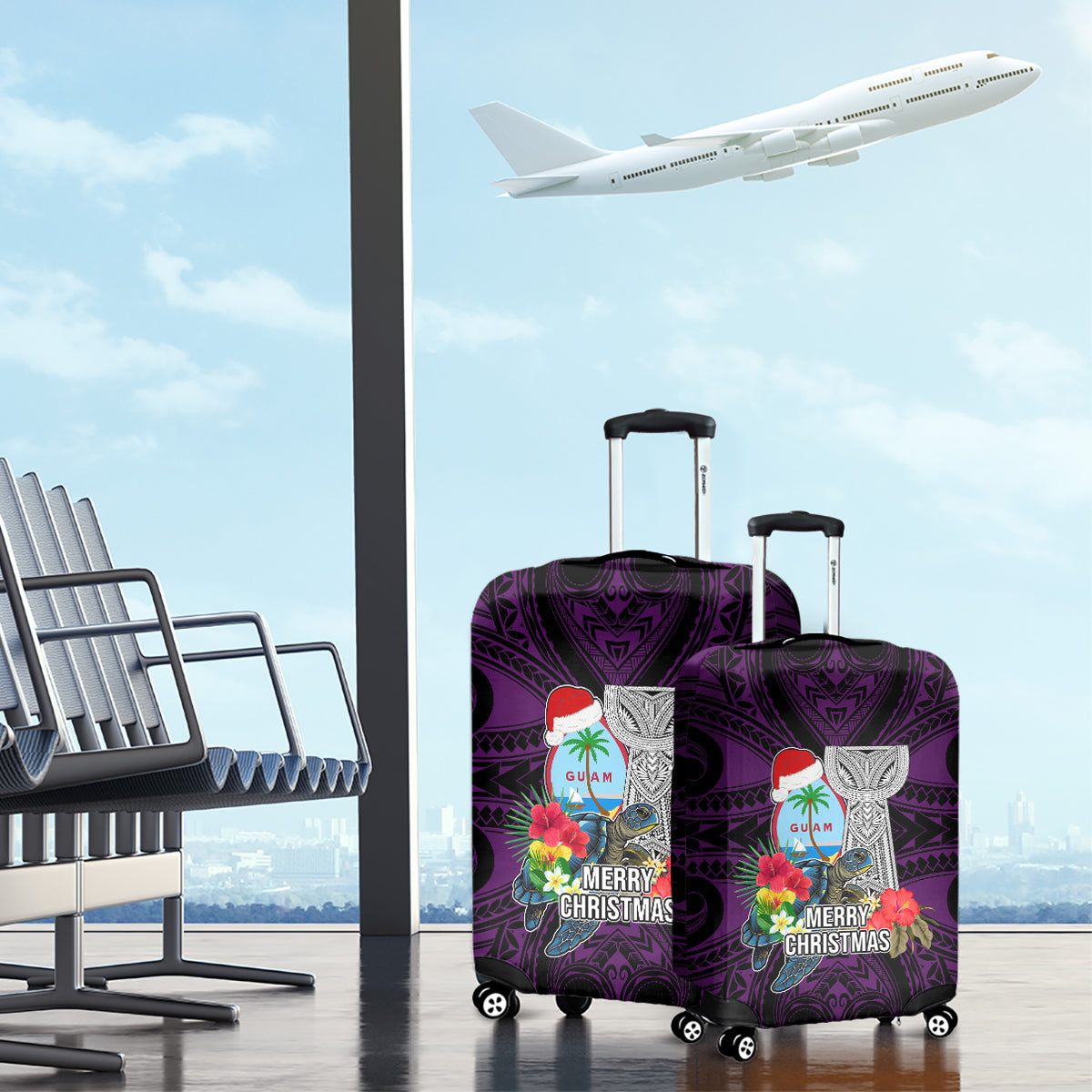 Guam Christmas Luggage Cover Santa Gift Latte Stone and Sea Turle Mix Hibiscus Chamorro Pink Style LT03