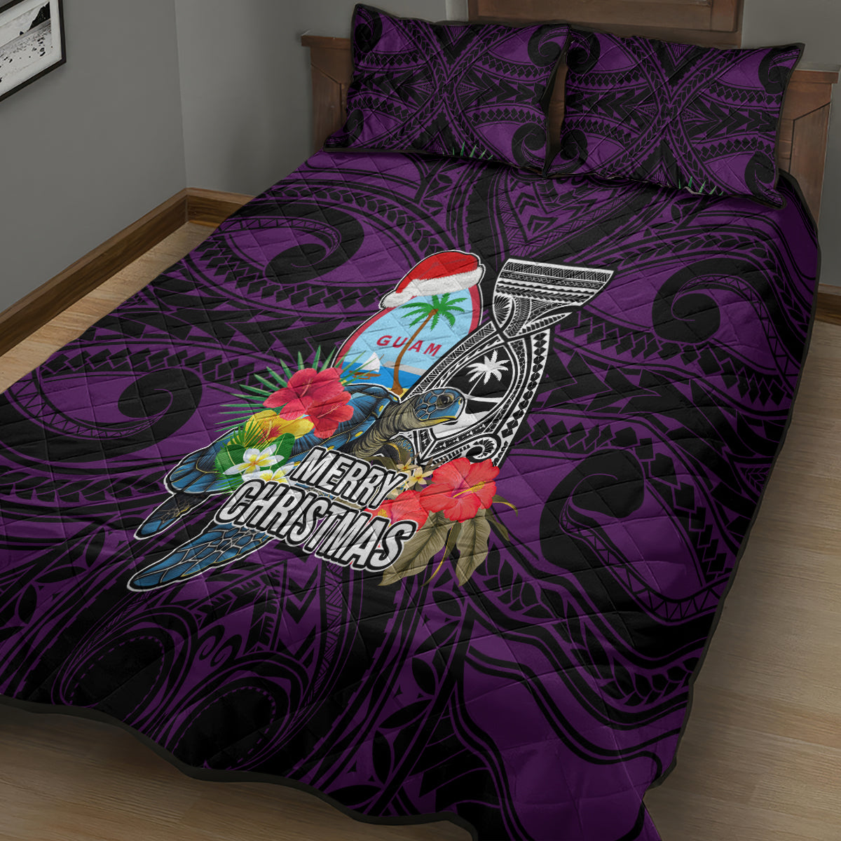Guam Christmas Quilt Bed Set Santa Gift Latte Stone and Sea Turle Mix Hibiscus Chamorro Pink Style LT03
