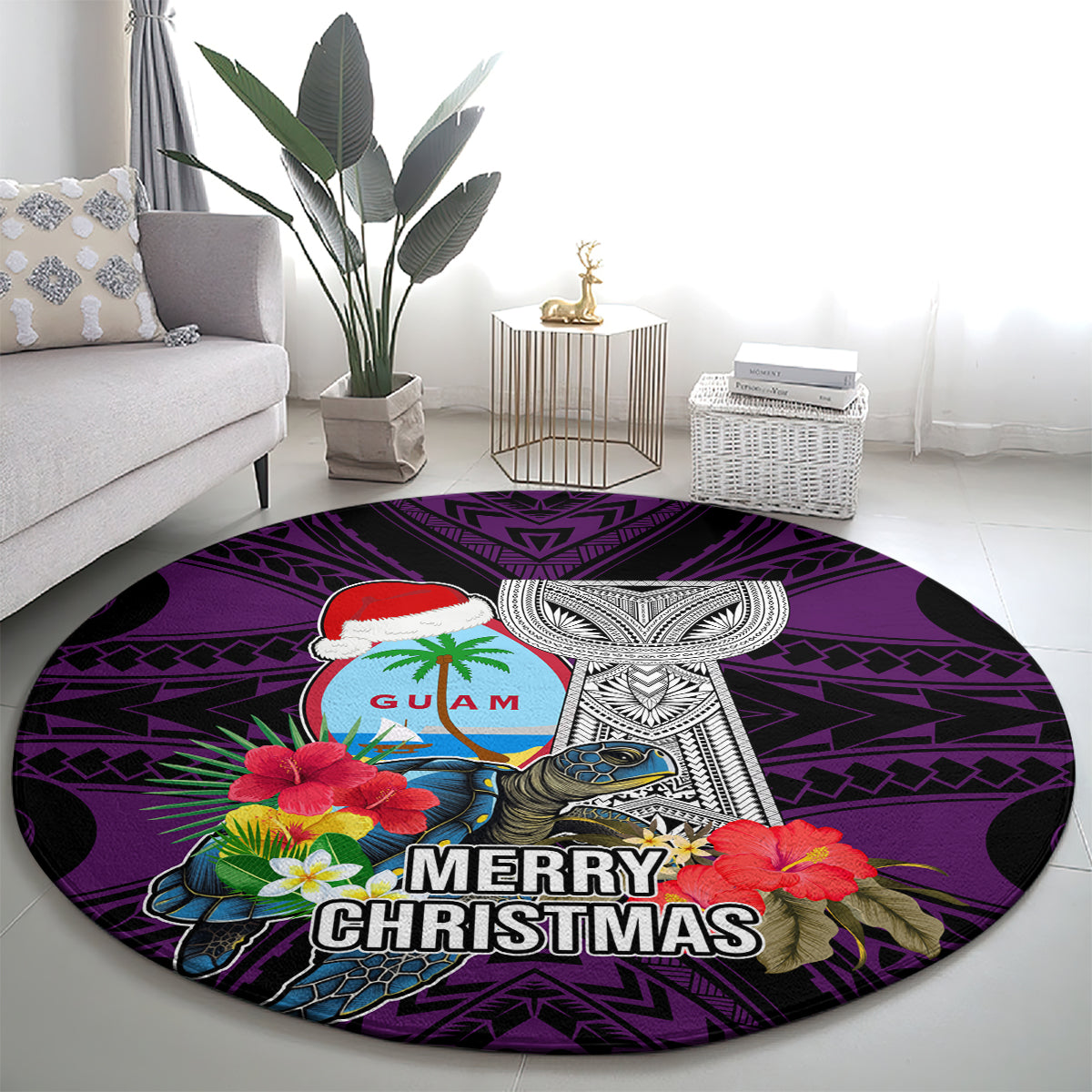 Guam Christmas Round Carpet Santa Gift Latte Stone and Sea Turle Mix Hibiscus Chamorro Pink Style LT03