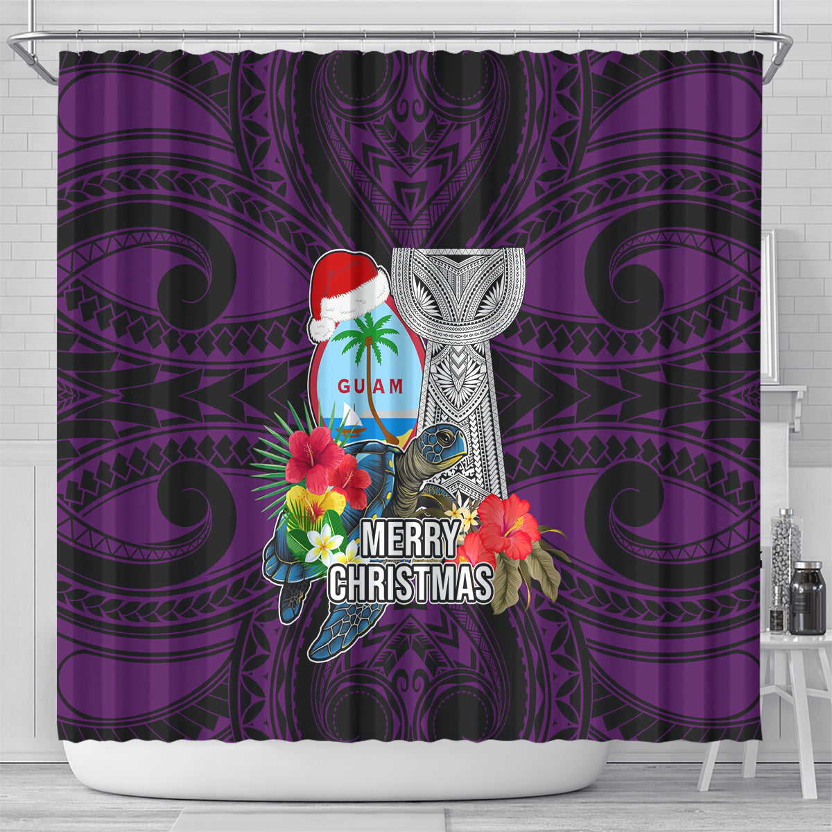 Guam Christmas Shower Curtain Santa Gift Latte Stone and Sea Turle Mix Hibiscus Chamorro Pink Style LT03