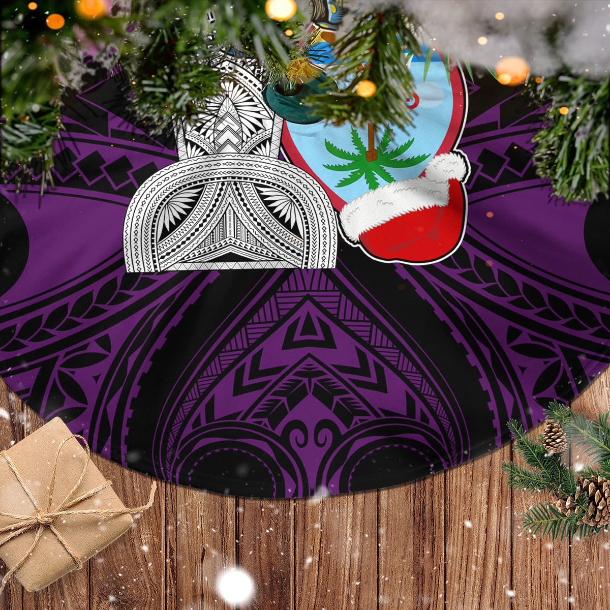 Guam Christmas Tree Skirt Santa Gift Latte Stone and Sea Turle Mix Hibiscus Chamorro Pink Style LT03 - Polynesian Pride