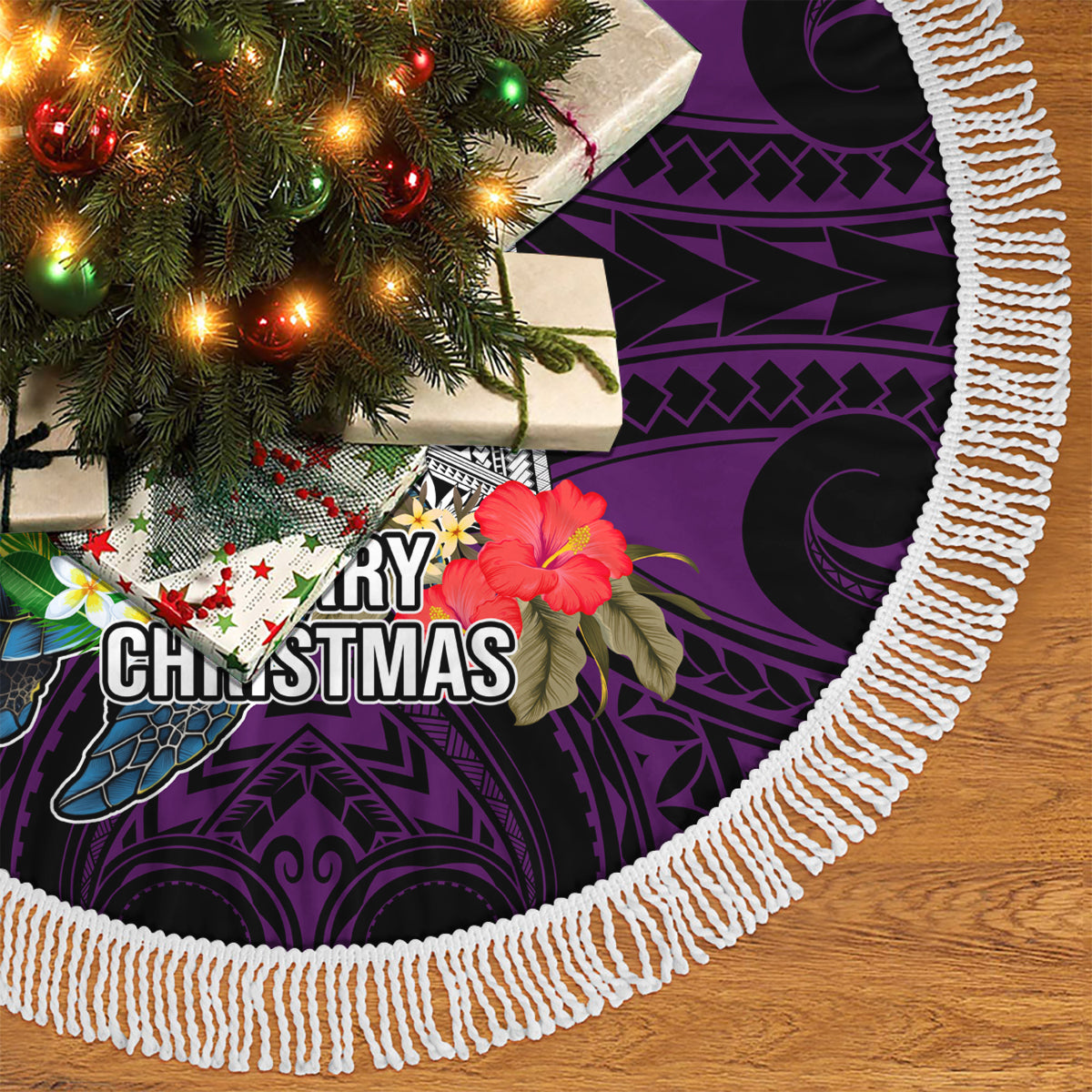 Guam Christmas Tree Skirt Santa Gift Latte Stone and Sea Turle Mix Hibiscus Chamorro Pink Style LT03 - Polynesian Pride