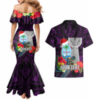 Custom Guam Christmas Couples Matching Mermaid Dress and Hawaiian Shirt Santa Gift Latte Stone and Sea Turle Mix Hibiscus Chamorro Pink Style LT03